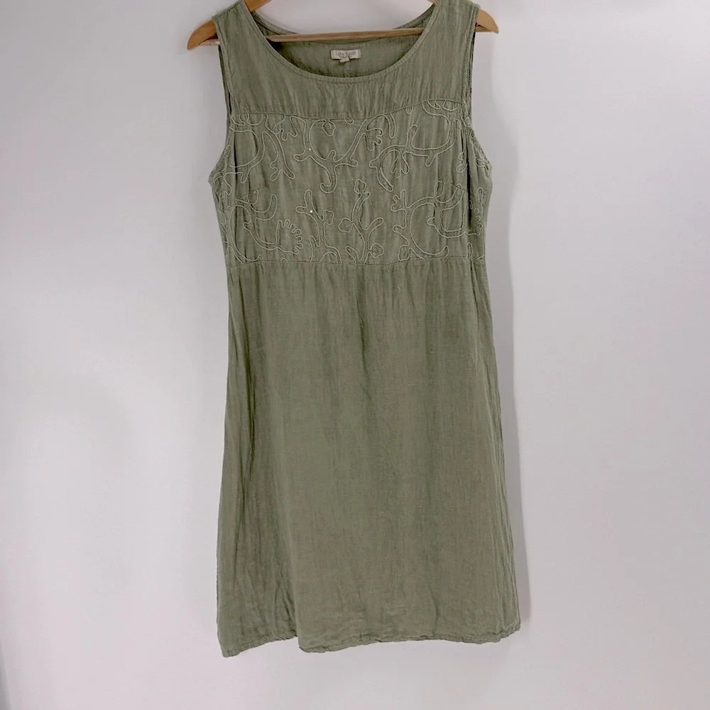 Lana Tomei Linen dress made in Italy sleeveless embroidered sage green classic